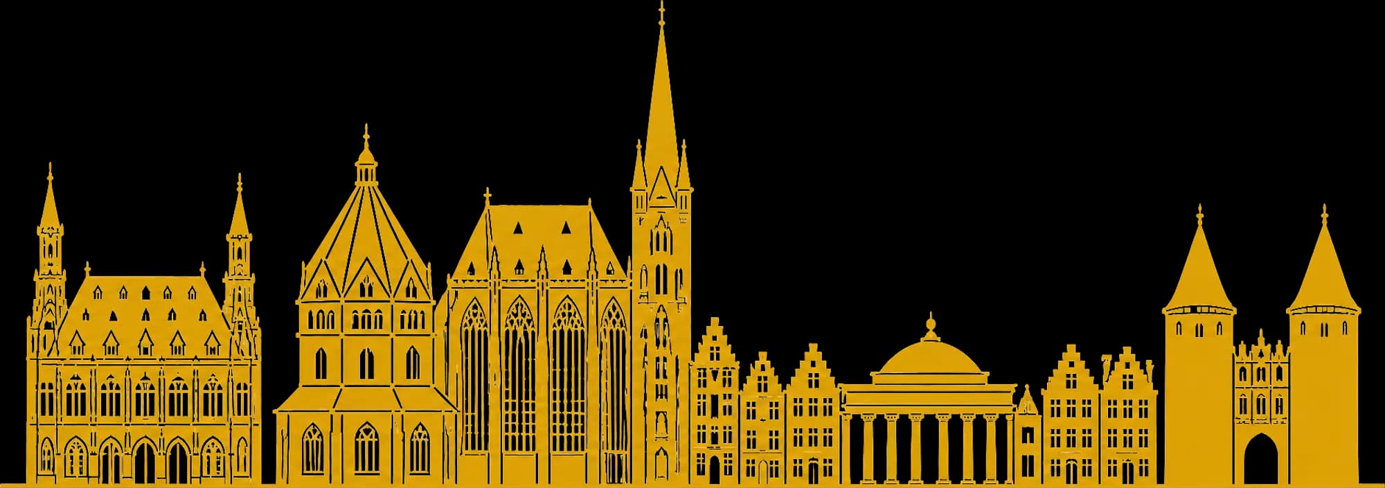 Goldener Linolschnitt der Aachener Stadtsilhouette über die volle Breite: von links das Rathaus mit seinen beiden Türmen, dann der Dom mit dem Oktogon unter seinem gefalteten Dach, der hohen Chorhalle und dem Westturm, daneben der Elisenbrunnen mit Kuppel und Säulenhalle, rechts das Marschiertor mit seinen zwei Rundtürmen, dazwischen Giebelhäuser.